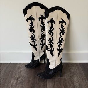 INC International Concepts Black & Cream Embroidered Over-the-Knee Boots